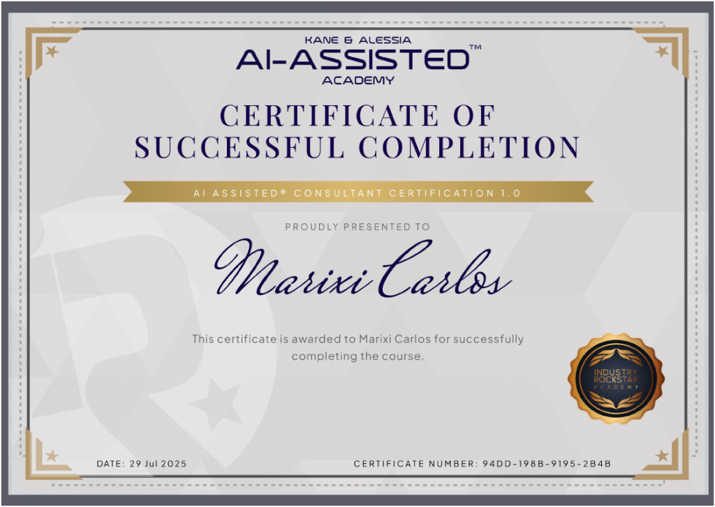 Marixi Carlos Certificate of Completion AI-Assisted Academy for AI-Assisted Consultant Certification 1.0