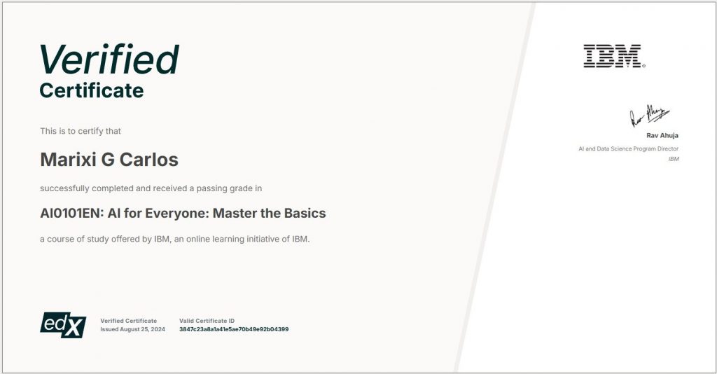 Marixi Carlos AI for Everyone Master the Basics Certificate IBM edX