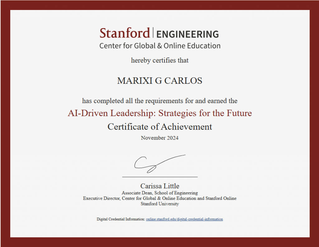 Marixi Carlos Certificate of Achievement from Stanford Engineering for AI-Driven Leadership: Strategies for the Future